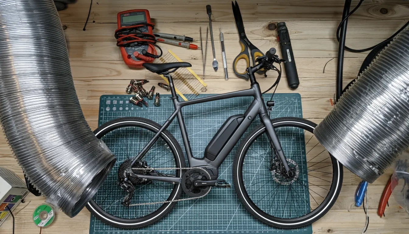 Servis a repas batérií elektrický bicykel na stole v servise s meracími prístrojmi a inými nástrojmi na opravu servis a repas elektrobicyklov a batérií,